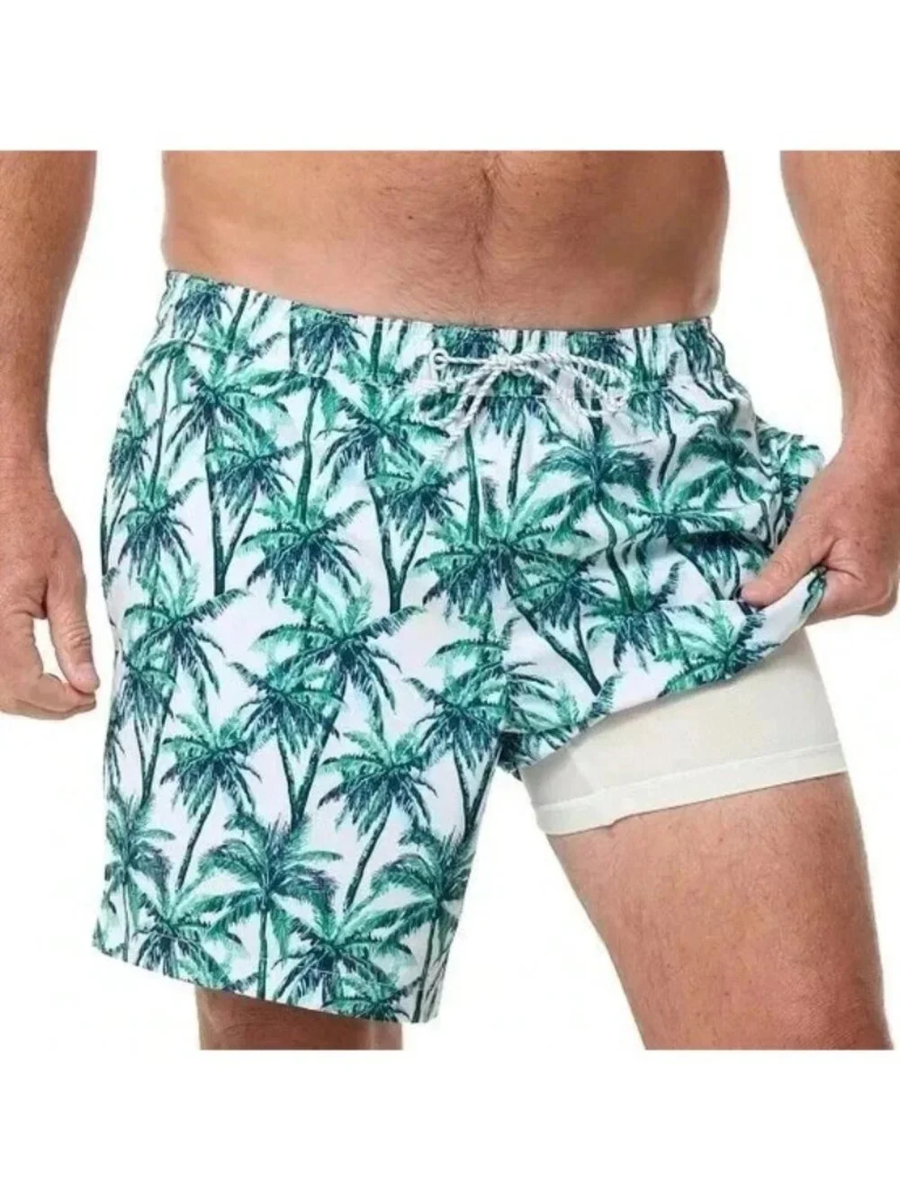 NWT Bonobos Men's M Green 7-Inch Inseam Swim Shorts Palm Tree Print Mesh Liner